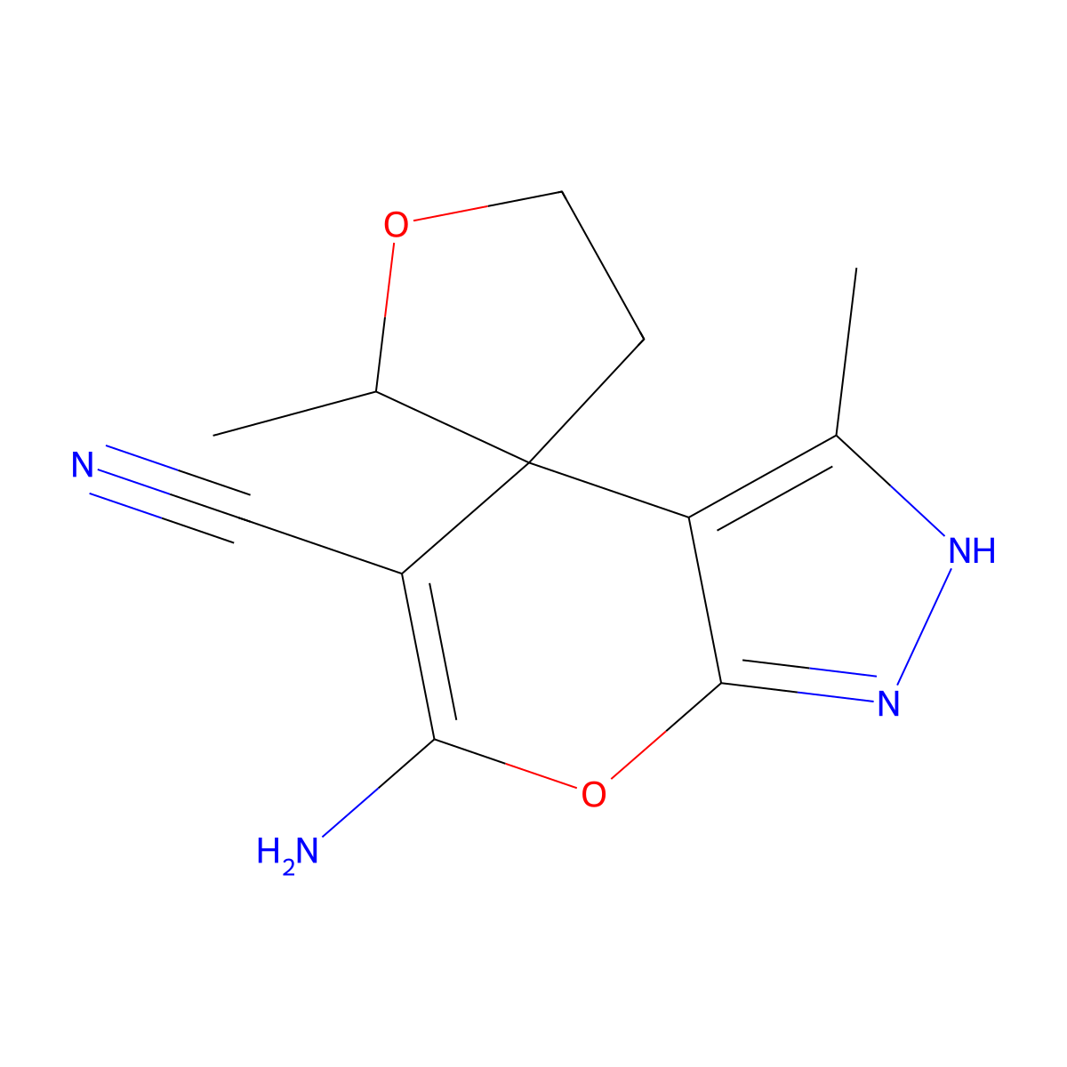 6-amino-2',3-dimethylspiro[2H-pyrano[2,3-c]pyrazole-4,3'-oxolane]-5-carbonitrile molecular structure, CAS 626221-15-6