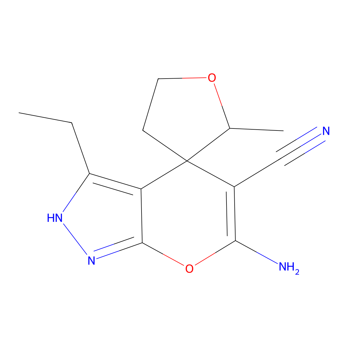 6'-Amino-3'-ethyl-4,5-dihydro-2-methylspiro[furan-3(2H),4'(2'H)-pyrano[2,3-c]pyrazole]-5'-carbonitrile molecular structure, CAS 626221-27-0