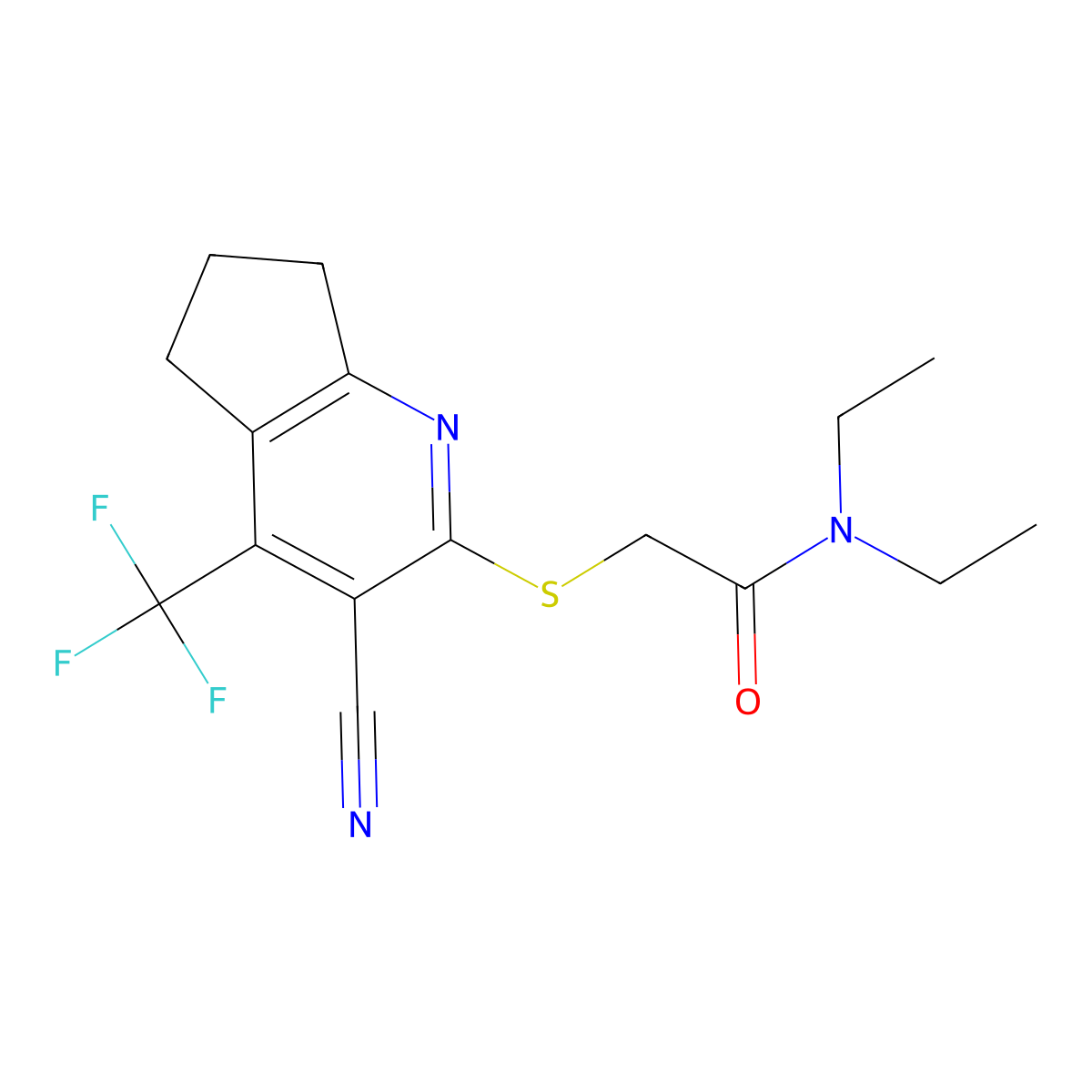 2-{[3-cyano-4-(trifluoromethyl)-6,7-dihydro-5H-cyclopenta[b]pyridin-2-yl]sulfanyl}-N,N-diethylacetamide molecular structure, CAS 626221-50-9