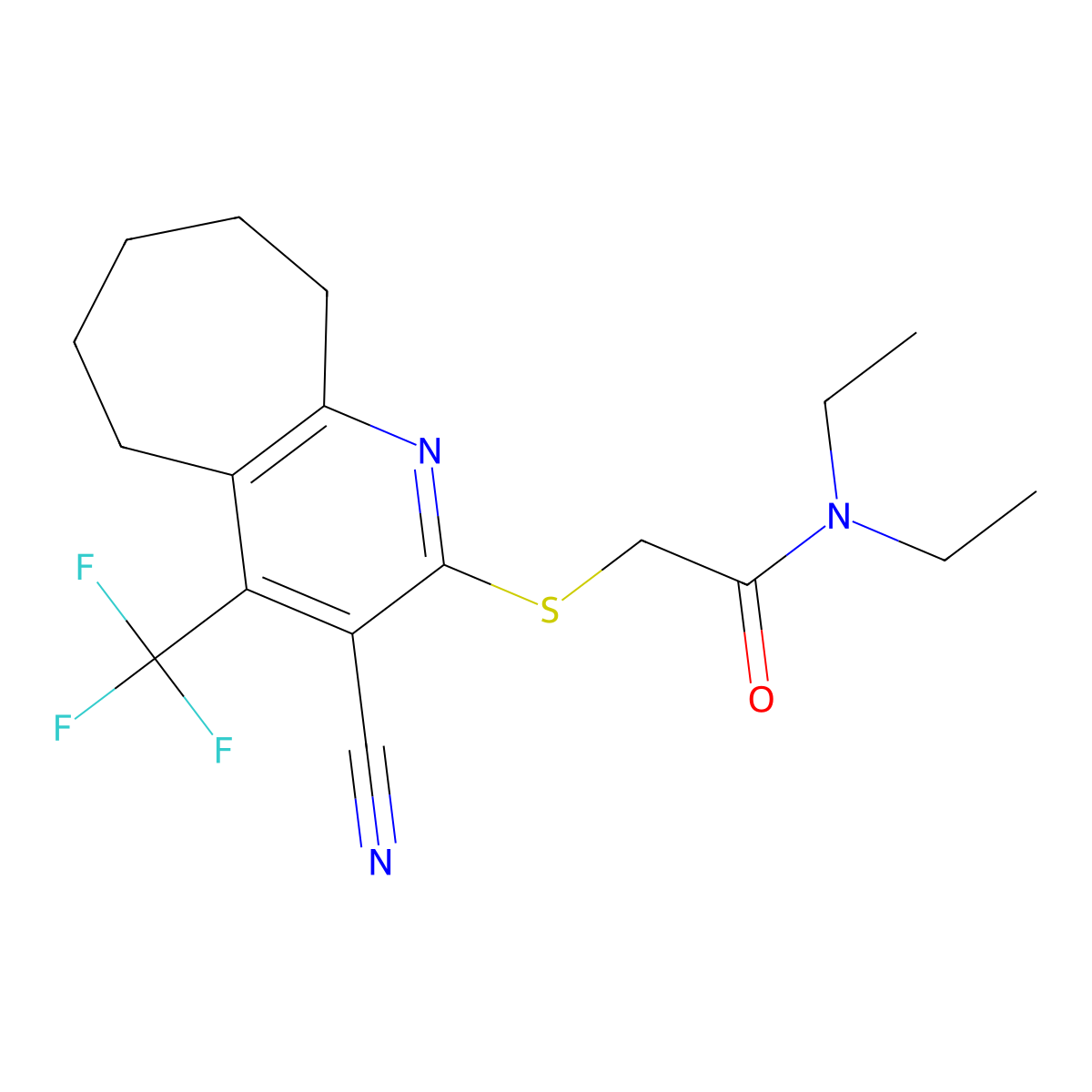 2-[[3-cyano-4-(trifluoromethyl)-6,7,8,9-tetrahydro-5H-cyclohepta[b]pyridin-2-yl]sulfanyl]-N,N-diethylacetamide molecular structure, CAS 626221-60-1