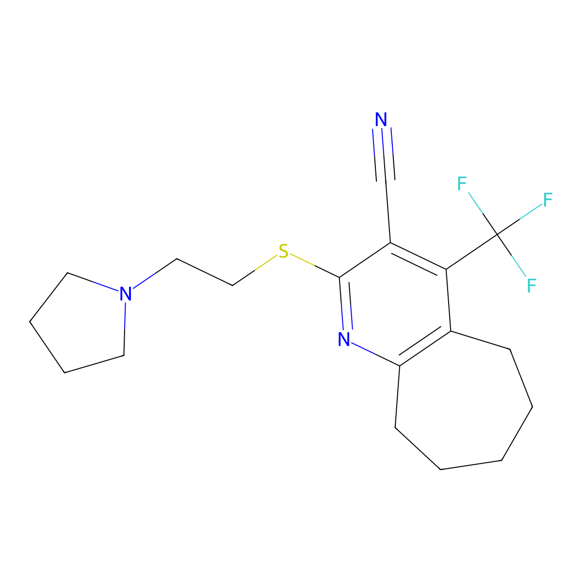 2-(2-pyrrolidin-1-ylethylsulfanyl)-4-(trifluoromethyl)-6,7,8,9-tetrahydro-5H-cyclohepta[b]pyridine-3-carbonitrile molecular structure, CAS 626221-63-4
