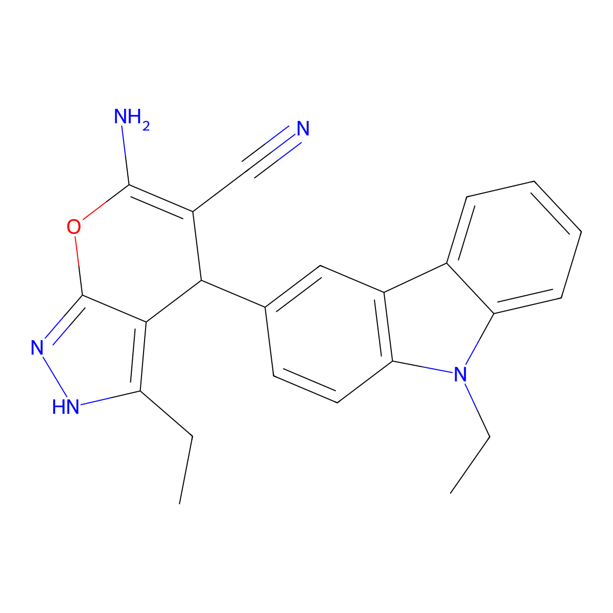 6-amino-3-ethyl-4-(9-ethyl-9H-carbazol-3-yl)-2,4-dihydropyrano[2,3-c]pyrazole-5-carbonitrile molecular structure, CAS 626221-85-0