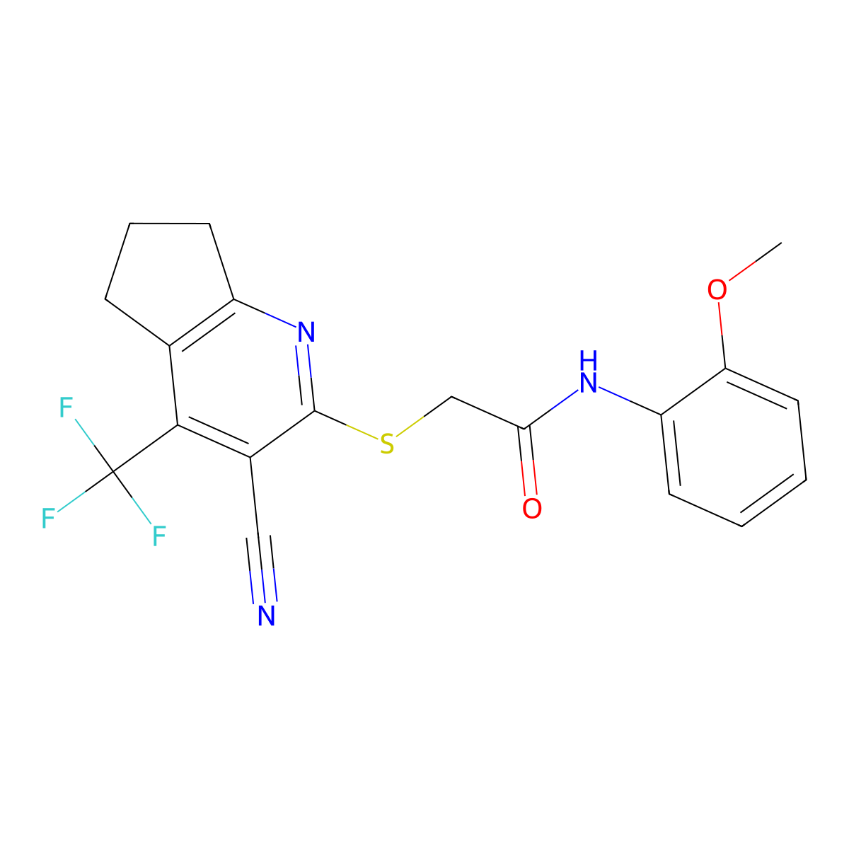 2-[[3-cyano-4-(trifluoromethyl)-6,7-dihydro-5H-cyclopenta[b]pyridin-2-yl]sulfanyl]-N-(2-methoxyphenyl)acetamide molecular structure, CAS 626222-12-6