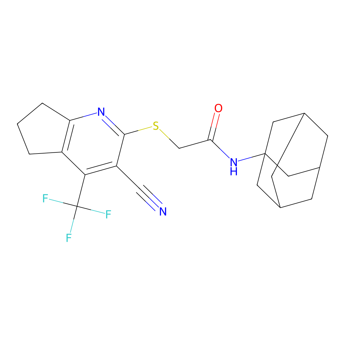 N-(1-adamantyl)-2-{[3-cyano-4-(trifluoromethyl)-6,7-dihydro-5H-cyclopenta[b]pyridin-2-yl]sulfanyl}acetamide molecular structure, CAS 626222-15-9
