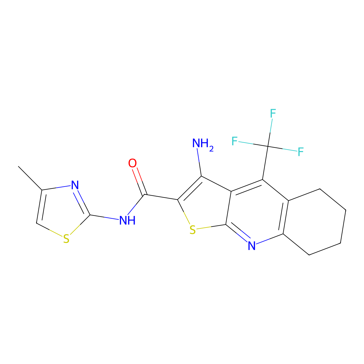 3-amino-N-(4-methyl-1,3-thiazol-2-yl)-4-(trifluoromethyl)-5,6,7,8-tetrahydrothieno[2,3-b]quinoline-2-carboxamide molecular structure, CAS 626222-21-7