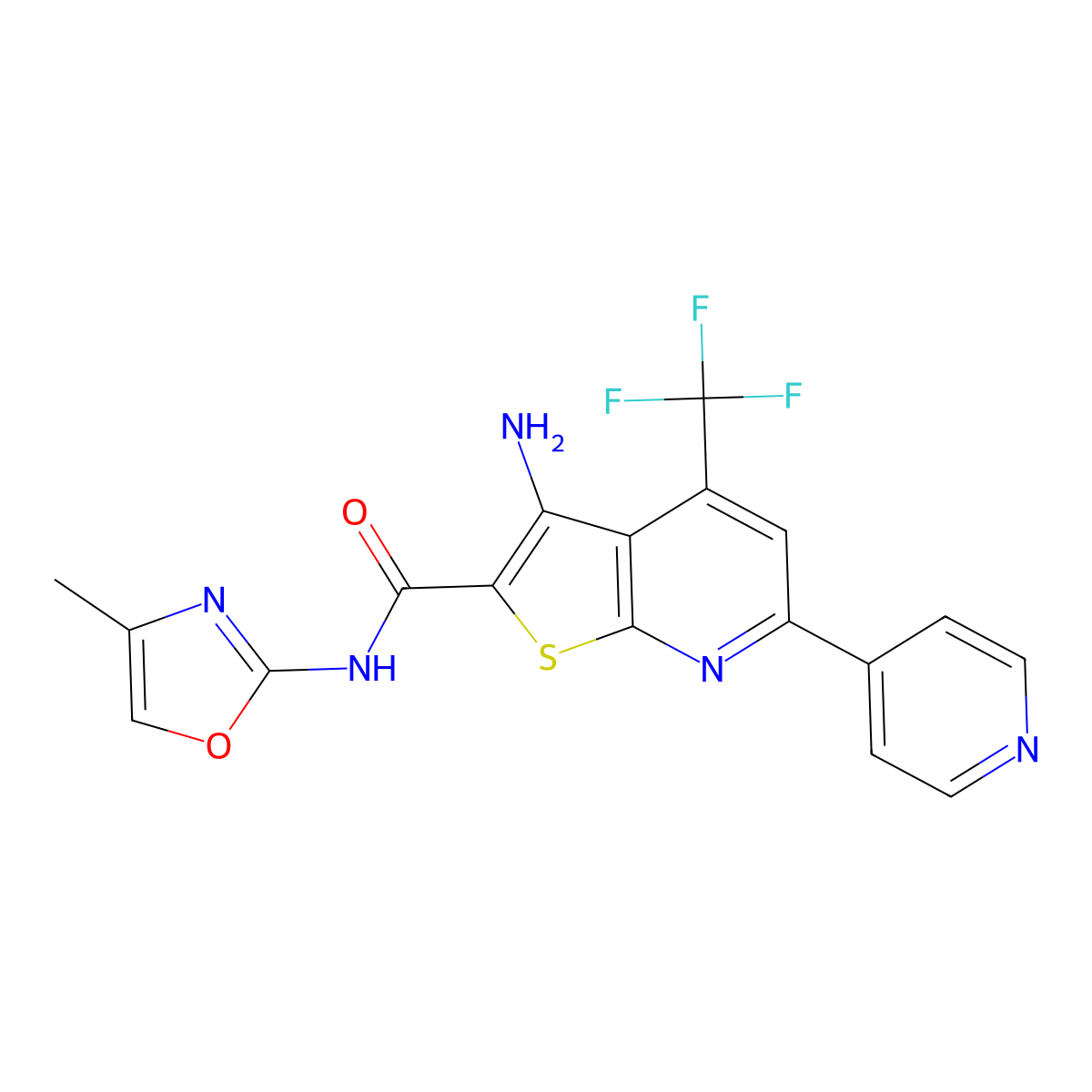 3-amino-N-(4-methyl-1,3-oxazol-2-yl)-6-(pyridin-4-yl)-4-(trifluoromethyl)thieno[2,3-b]pyridine-2-carboxamide molecular structure, CAS 626225-38-5