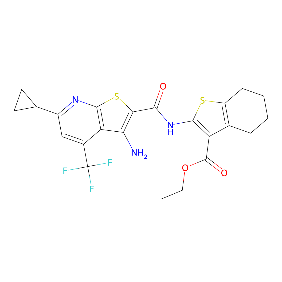 Ethyl 2-({[3-amino-6-cyclopropyl-4-(trifluoromethyl)thieno[2,3-b]pyridin-2-yl]carbonyl}amino)-4,5,6,7-tetrahydro-1-benzothiophene-3-carboxylate molecular structure, CAS 626226-42-4