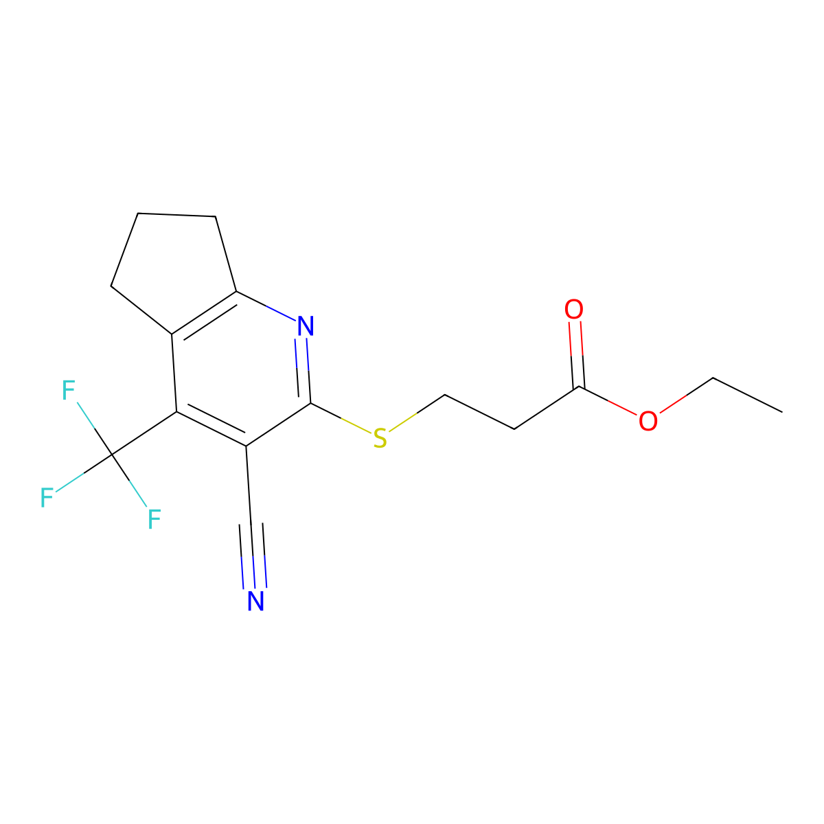 ethyl 3-{[3-cyano-4-(trifluoromethyl)-6,7-dihydro-5H-cyclopenta[b]pyridin-2-yl]sulfanyl}propanoate molecular structure, CAS 626227-09-6