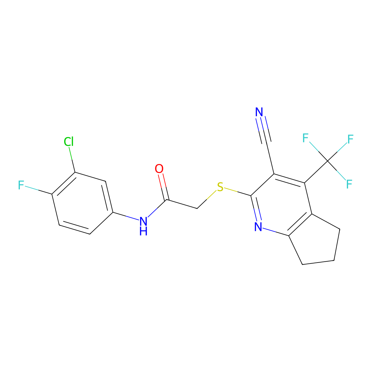 N-(3-chloro-4-fluorophenyl)-2-{[3-cyano-4-(trifluoromethyl)-6,7-dihydro-5H-cyclopenta[b]pyridin-2-yl]sulfanyl}acetamide molecular structure, CAS 626227-14-3