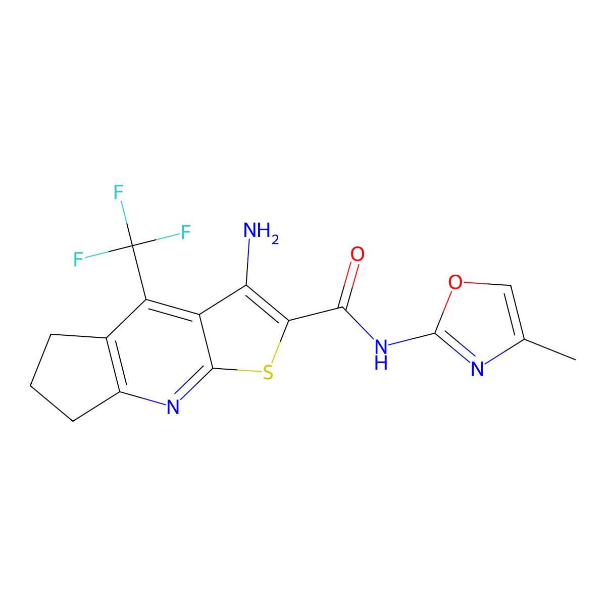 3-amino-N-(4-methyl-1,3-oxazol-2-yl)-4-(trifluoromethyl)-6,7-dihydro-5H-cyclopenta[b]thieno[3,2-e]pyridine-2-carboxamide molecular structure, CAS 626227-20-1