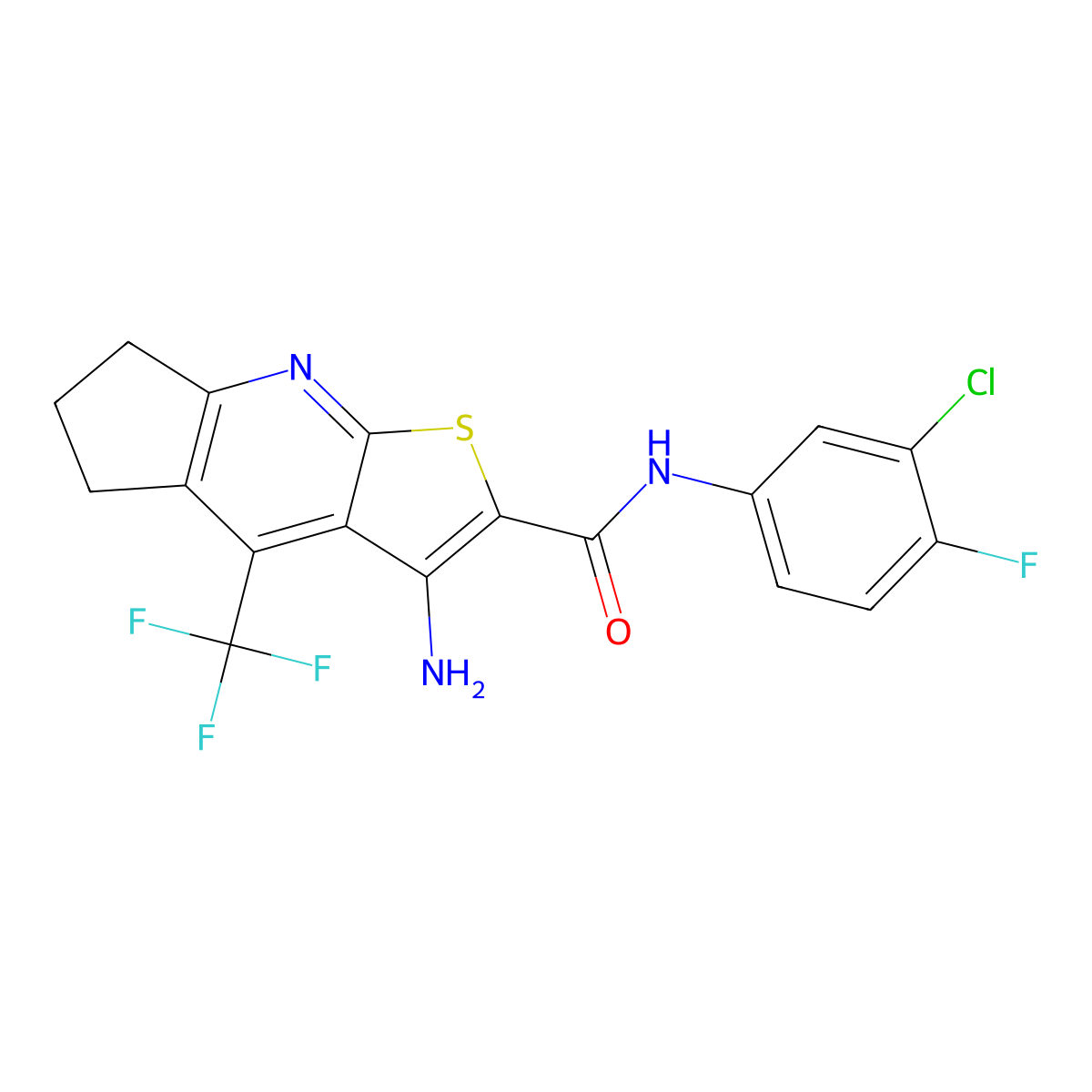 3-amino-N-(3-chloro-4-fluorophenyl)-4-(trifluoromethyl)-6,7-dihydro-5H-cyclopenta[b]thieno[3,2-e]pyridine-2-carboxamide molecular structure, CAS 626227-22-3