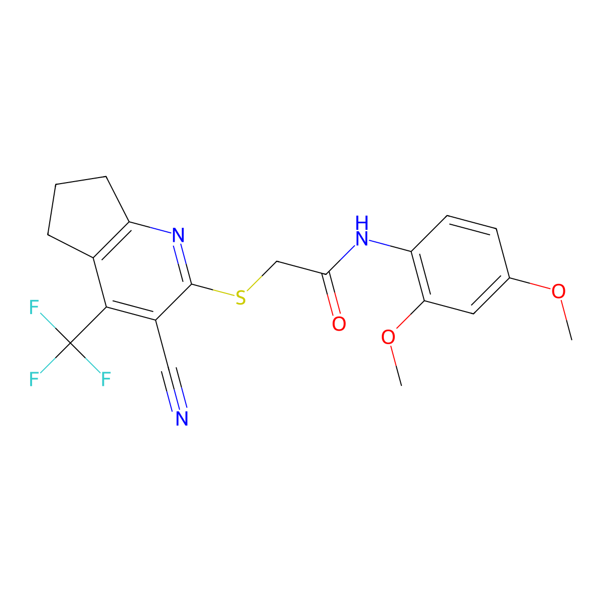 2-{[3-cyano-4-(trifluoromethyl)-6,7-dihydro-5H-cyclopenta[b]pyridin-2-yl]sulfanyl}-N-(2,4-dimethoxyphenyl)acetamide molecular structure, CAS 626227-27-8