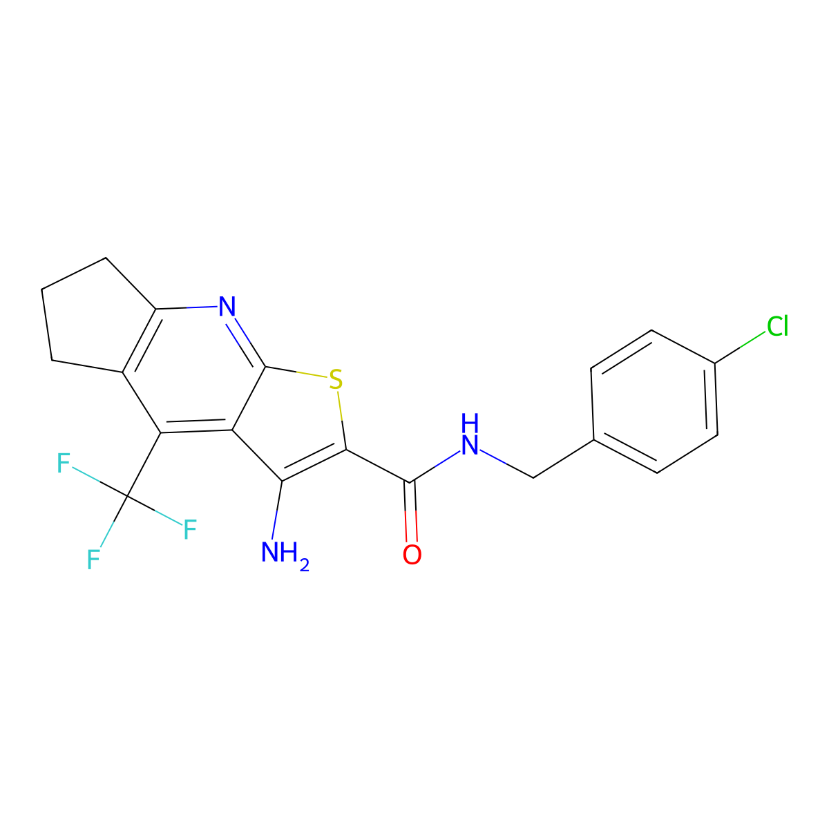 3-amino-N-(4-chlorobenzyl)-4-(trifluoromethyl)-6,7-dihydro-5H-cyclopenta[b]thieno[3,2-e]pyridine-2-carboxamide molecular structure, CAS 626227-31-4