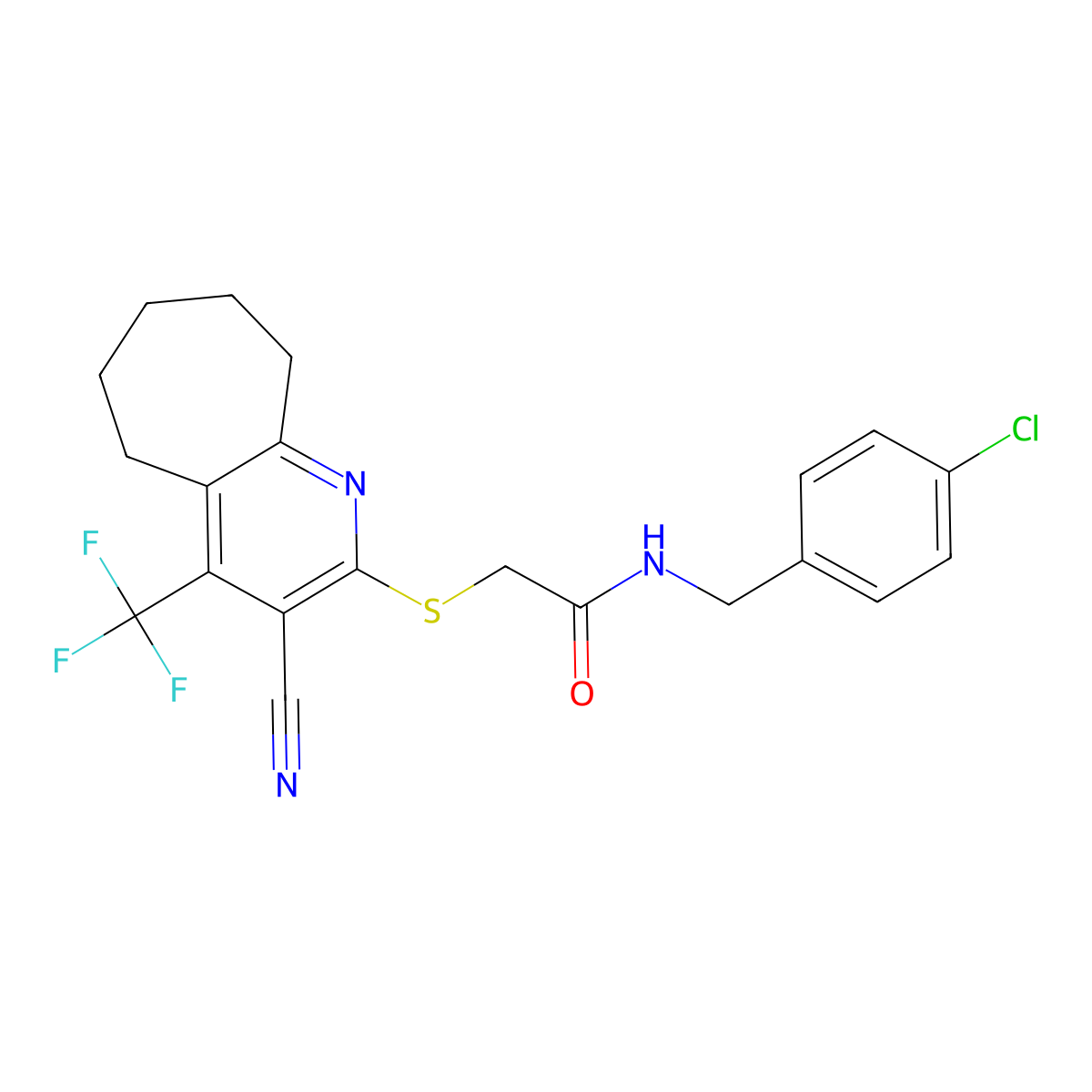 N-(4-chlorobenzyl)-2-{[3-cyano-4-(trifluoromethyl)-6,7,8,9-tetrahydro-5H-cyclohepta[b]pyridin-2-yl]sulfanyl}acetamide molecular structure, CAS 626227-36-9