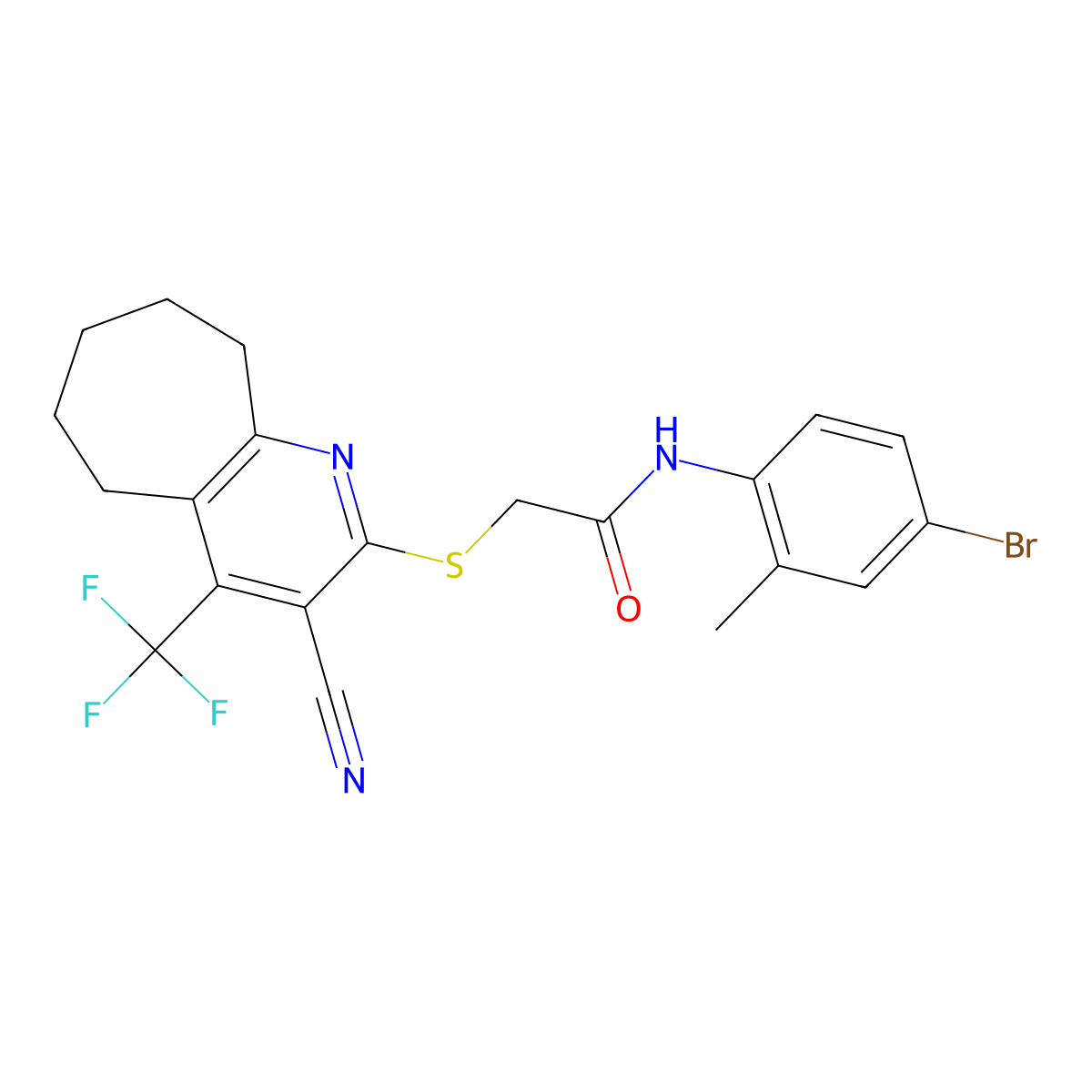 N-(4-bromo-2-methylphenyl)-2-[[3-cyano-4-(trifluoromethyl)-6,7,8,9-tetrahydro-5H-cyclohepta[b]pyridin-2-yl]sulfanyl]acetamide molecular structure, CAS 626227-38-1