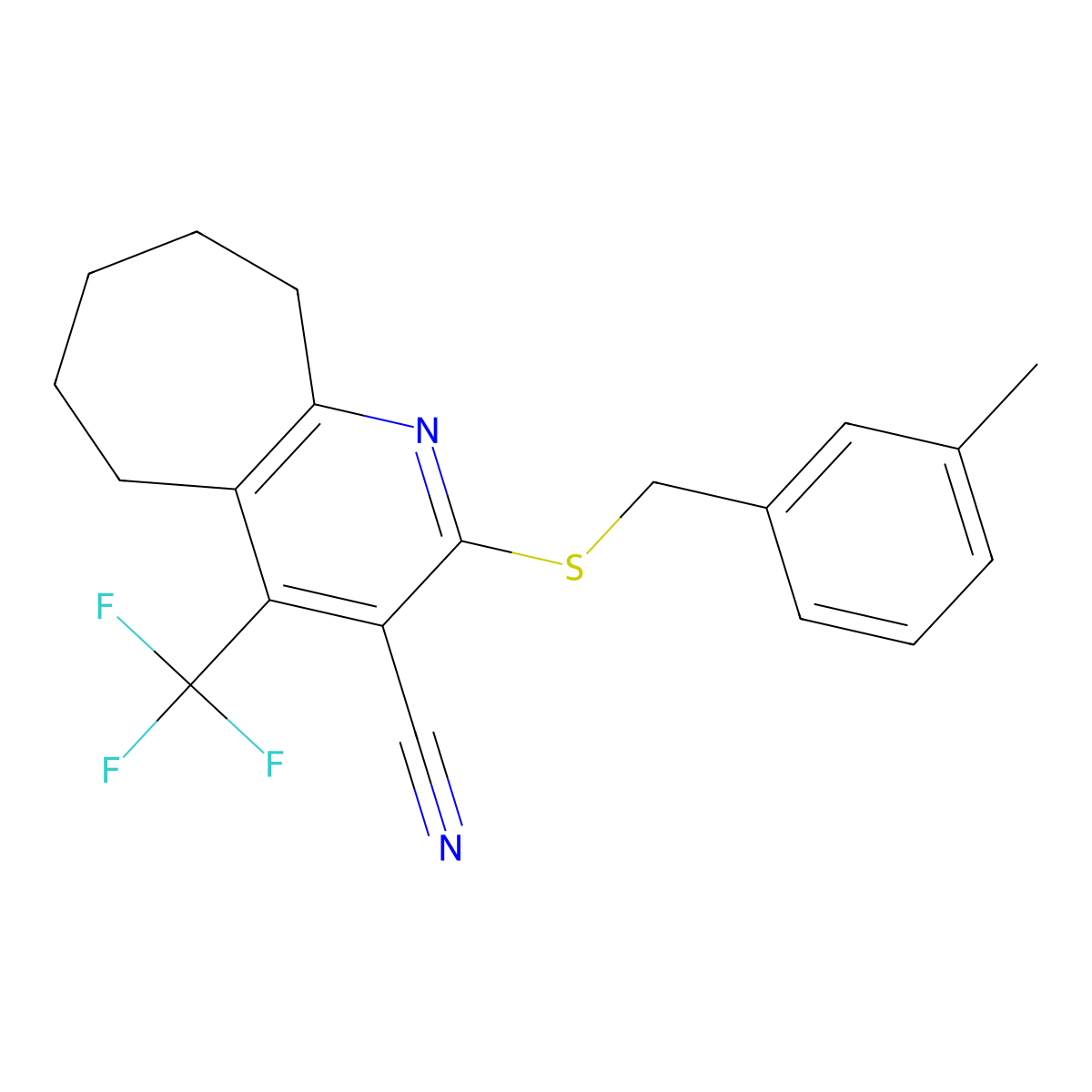 2-[(3-methylbenzyl)sulfanyl]-4-(trifluoromethyl)-6,7,8,9-tetrahydro-5H-cyclohepta[b]pyridine-3-carbonitrile molecular structure, CAS 626227-40-5