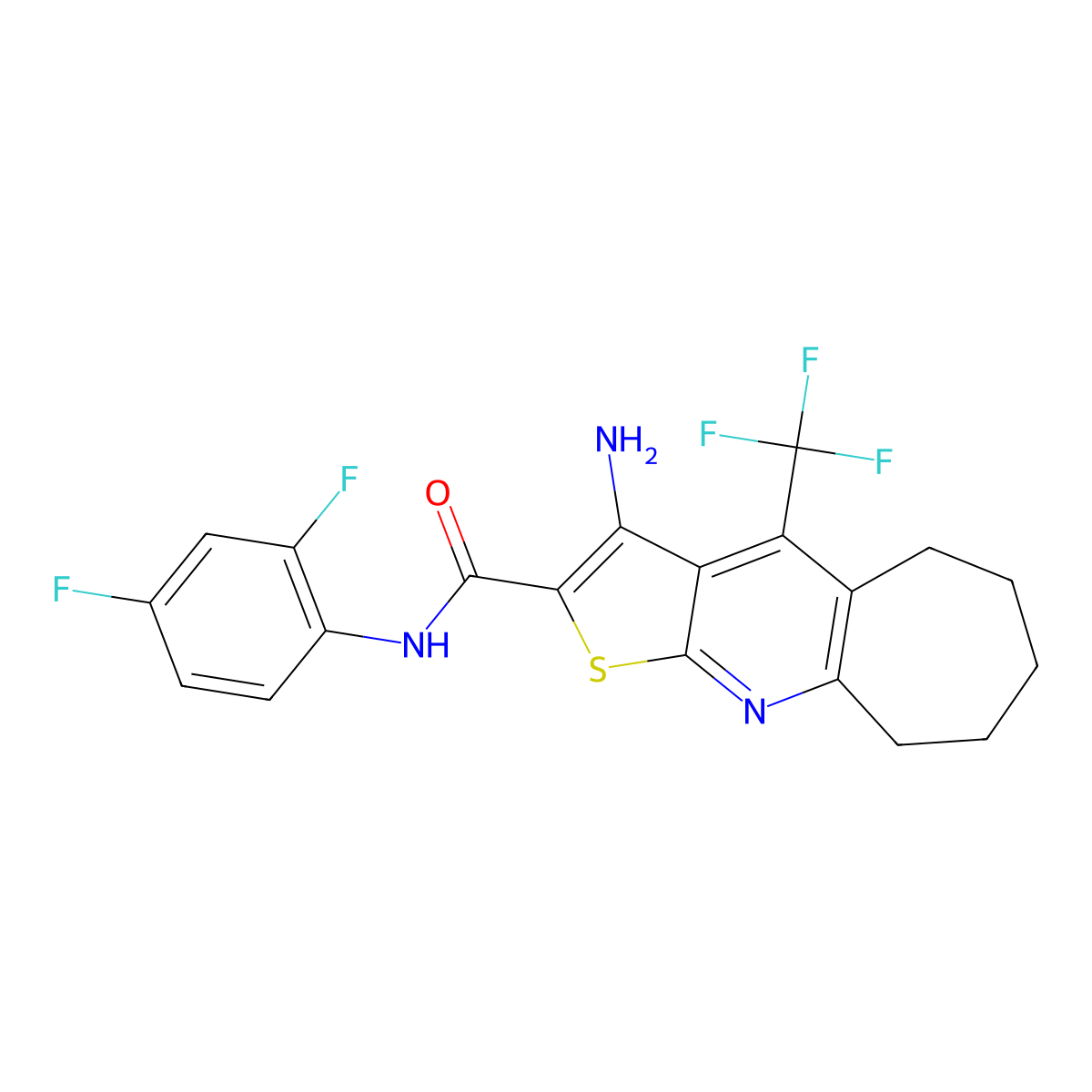 3-amino-N-(2,4-difluorophenyl)-4-(trifluoromethyl)-6,7,8,9-tetrahydro-5H-cyclohepta[b]thieno[3,2-e]pyridine-2-carboxamide molecular structure, CAS 626227-43-8