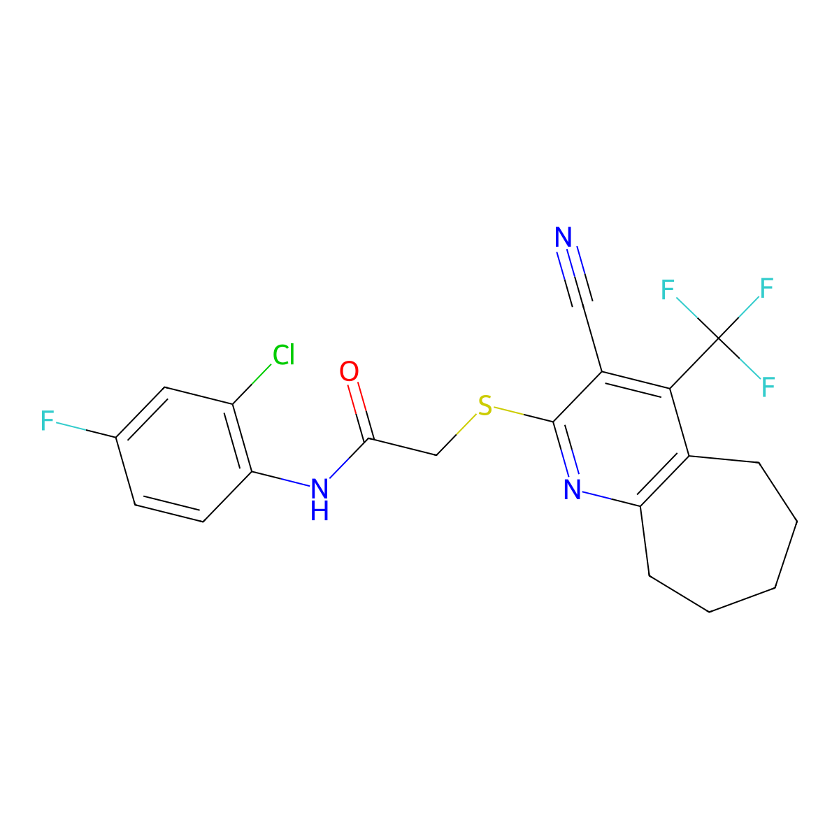 N-(2-chloro-4-fluorophenyl)-2-[[3-cyano-4-(trifluoromethyl)-6,7,8,9-tetrahydro-5H-cyclohepta[b]pyridin-2-yl]sulfanyl]acetamide molecular structure, CAS 626227-45-0