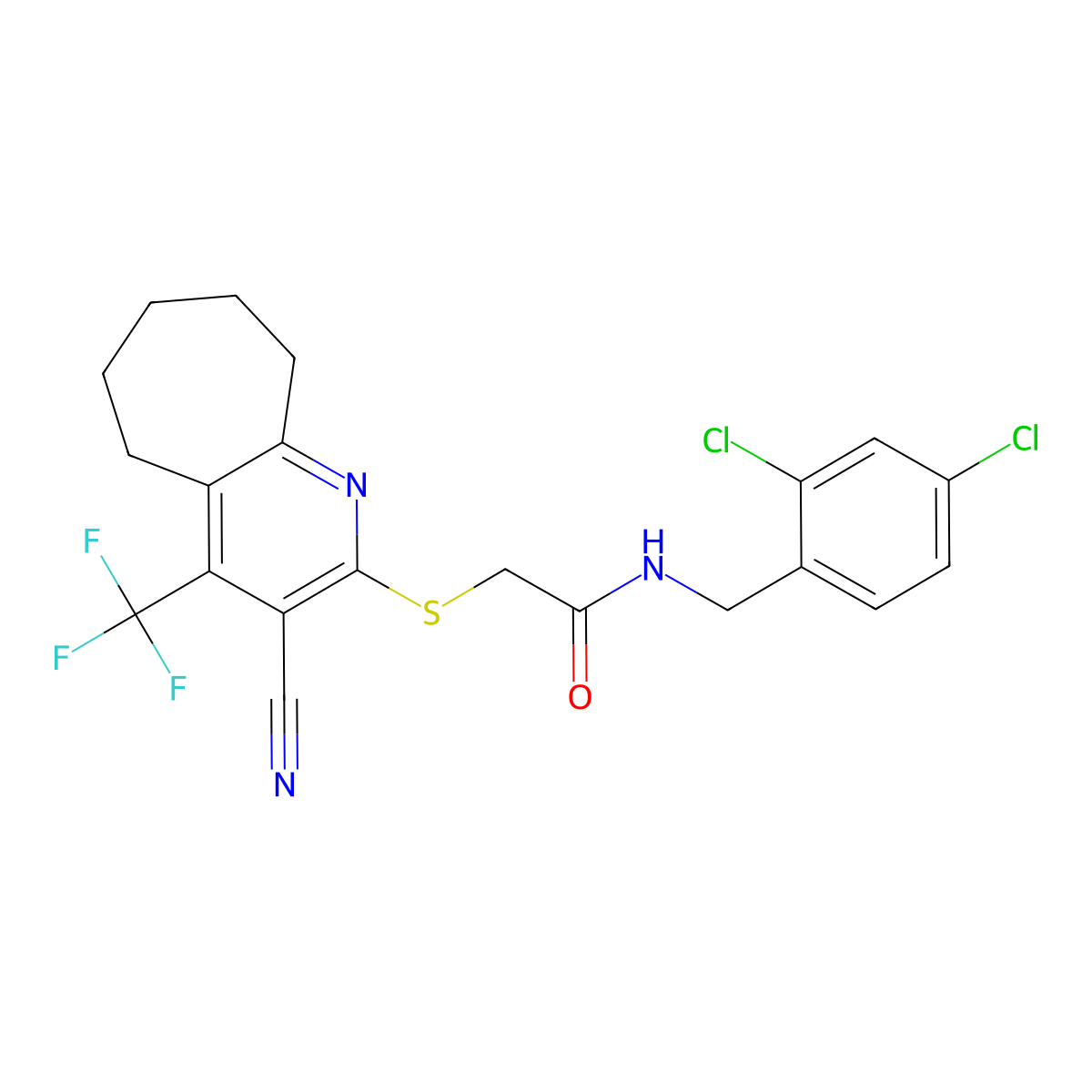 2-[[3-cyano-4-(trifluoromethyl)-6,7,8,9-tetrahydro-5H-cyclohepta[b]pyridin-2-yl]sulfanyl]-N-[(2,4-dichlorophenyl)methyl]acetamide molecular structure, CAS 626227-47-2