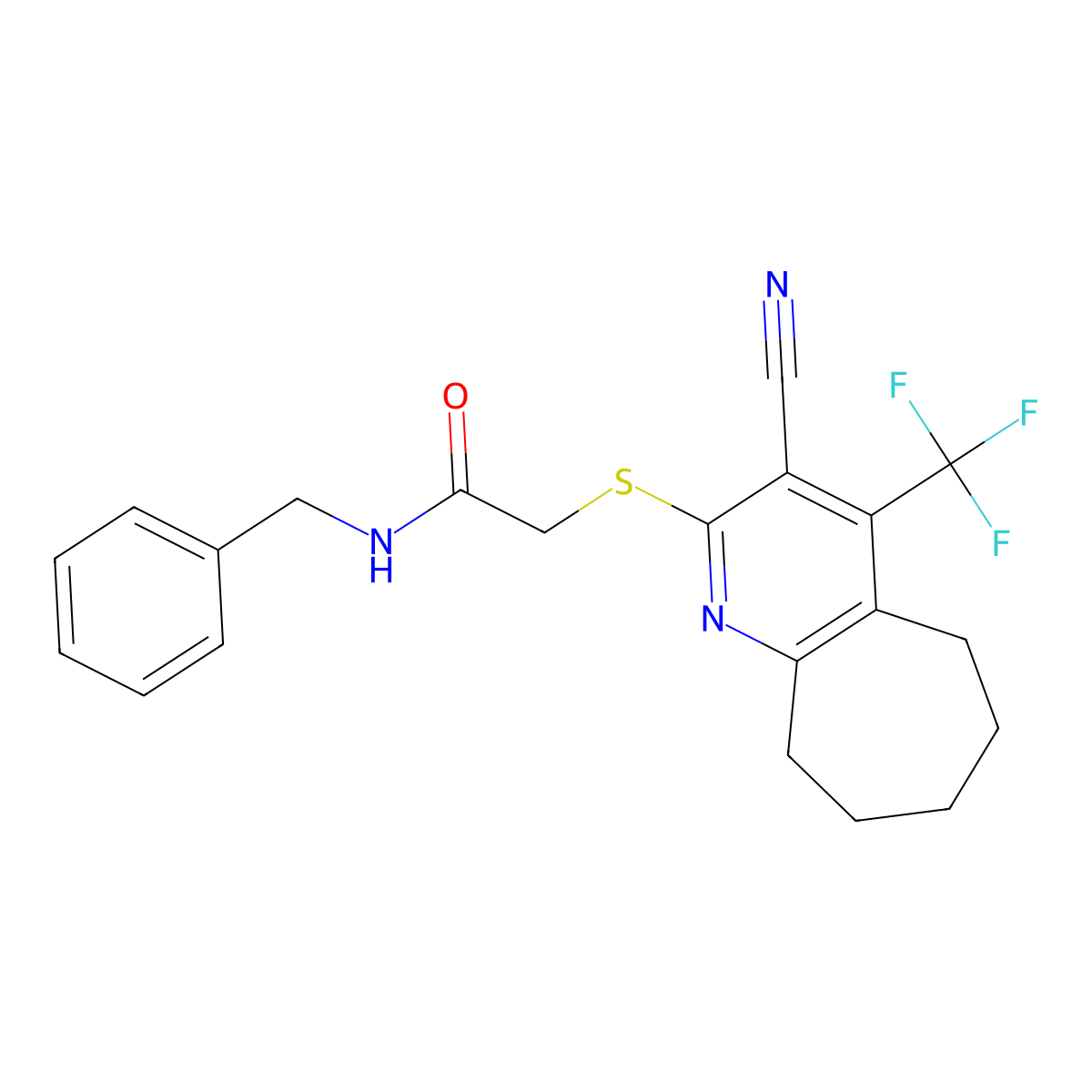 N-benzyl-2-{[3-cyano-4-(trifluoromethyl)-6,7,8,9-tetrahydro-5H-cyclohepta[b]pyridin-2-yl]sulfanyl}acetamide molecular structure, CAS 626227-49-4
