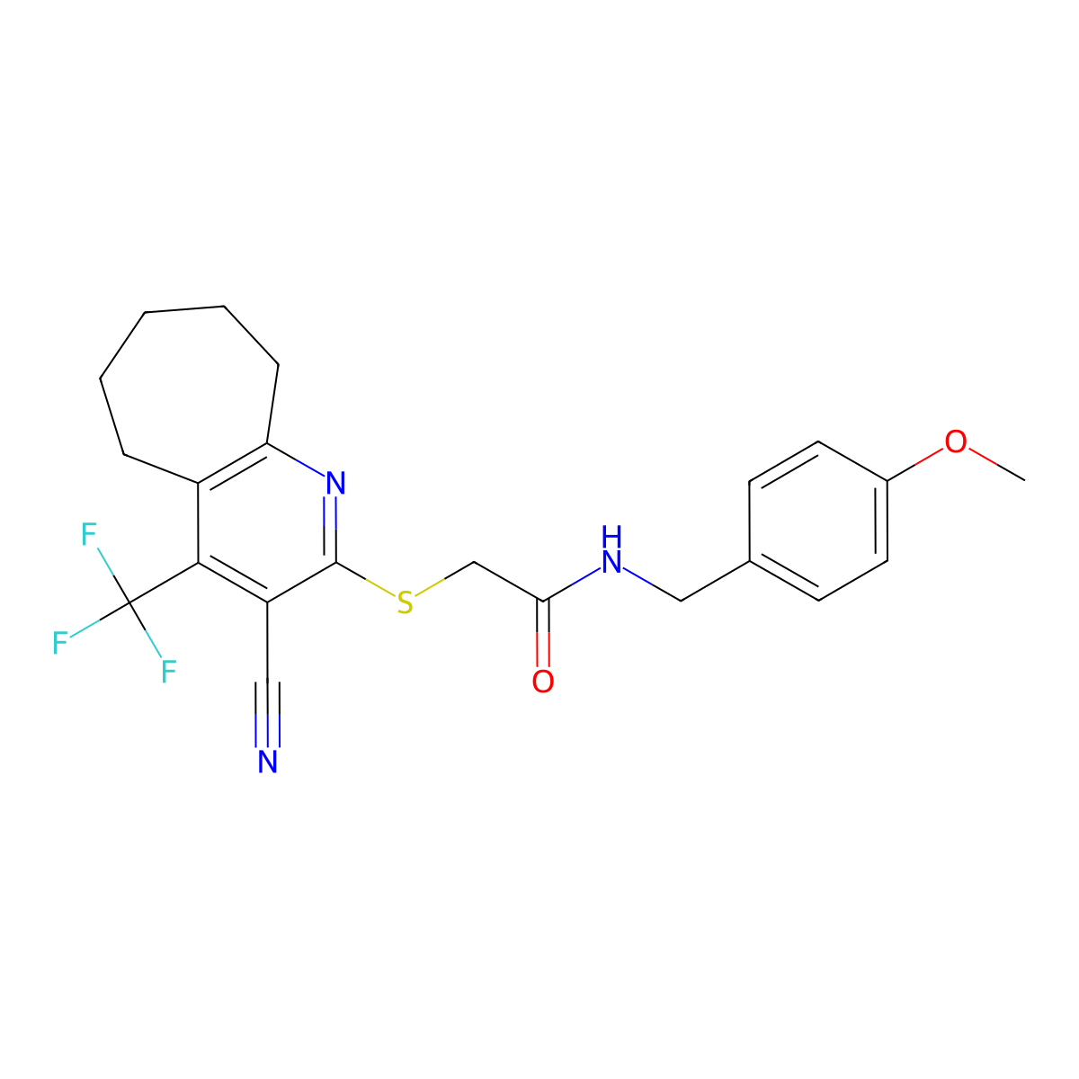 2-{[3-cyano-4-(trifluoromethyl)-6,7,8,9-tetrahydro-5H-cyclohepta[b]pyridin-2-yl]sulfanyl}-N-(4-methoxybenzyl)acetamide molecular structure, CAS 626227-51-8
