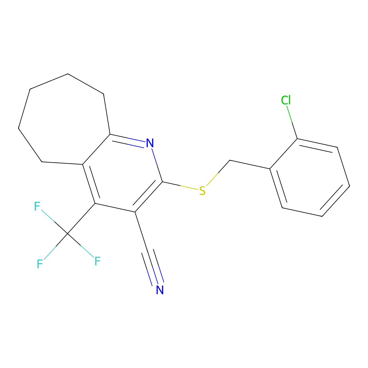 2-[(2-chlorobenzyl)sulfanyl]-4-(trifluoromethyl)-6,7,8,9-tetrahydro-5H-cyclohepta[b]pyridine-3-carbonitrile molecular structure, CAS 626227-53-0