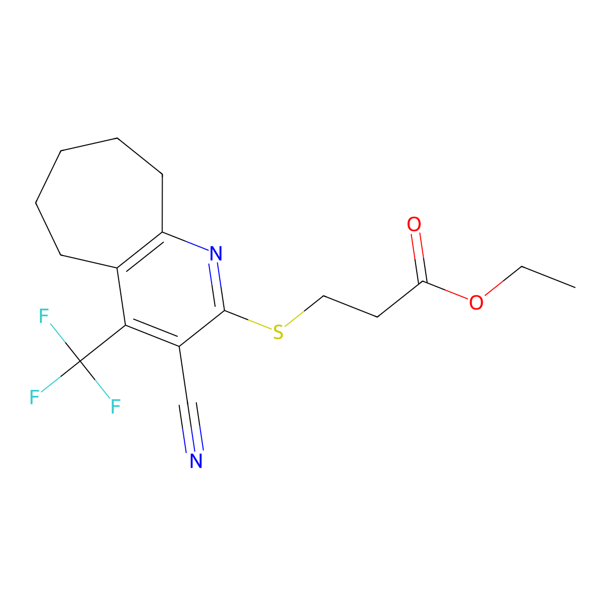 ethyl 3-[[3-cyano-4-(trifluoromethyl)-6,7,8,9-tetrahydro-5H-cyclohepta[b]pyridin-2-yl]sulfanyl]propanoate molecular structure, CAS 626227-56-3