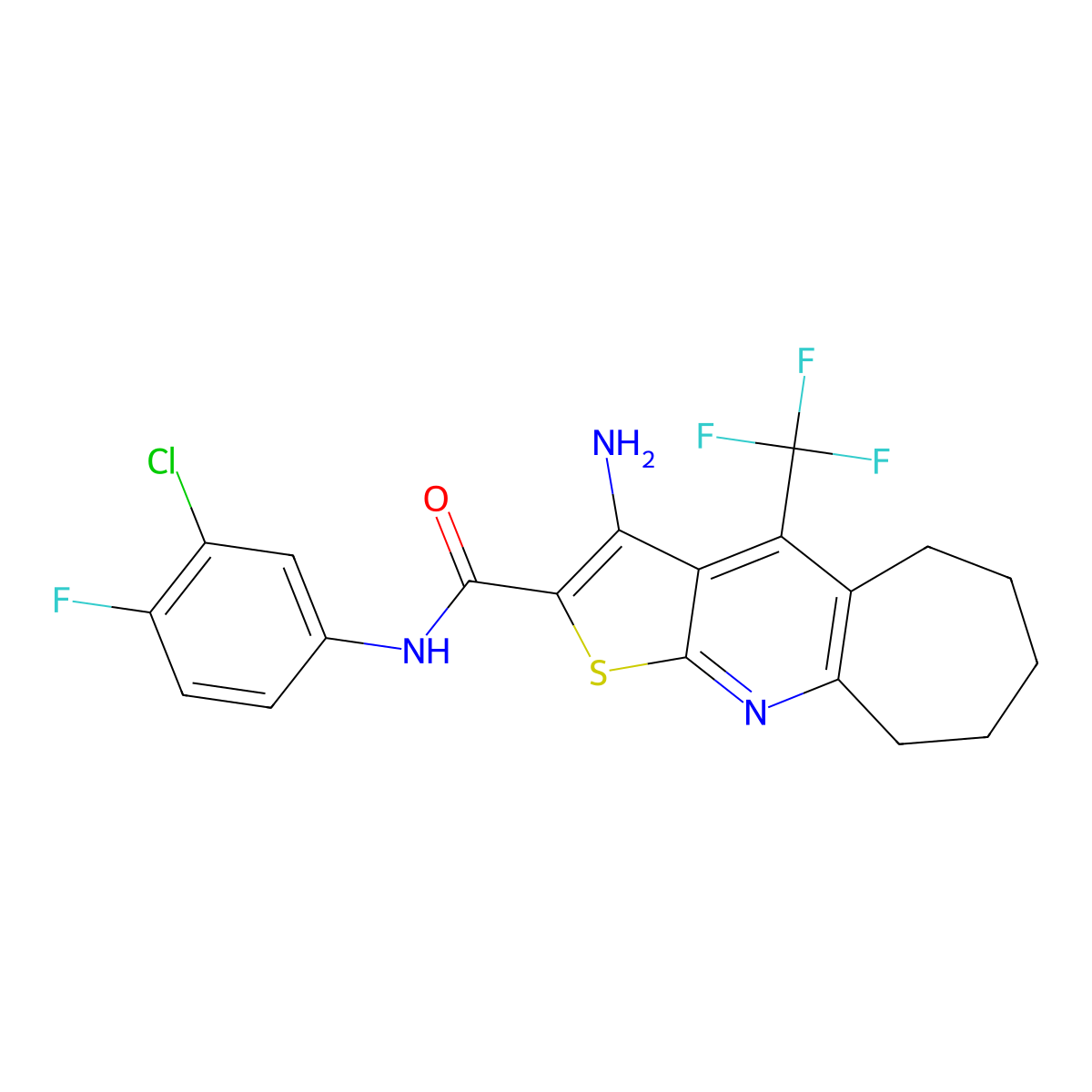 3-amino-N-(3-chloro-4-fluorophenyl)-4-(trifluoromethyl)-6,7,8,9-tetrahydro-5H-cyclohepta[b]thieno[3,2-e]pyridine-2-carboxamide molecular structure, CAS 626227-58-5