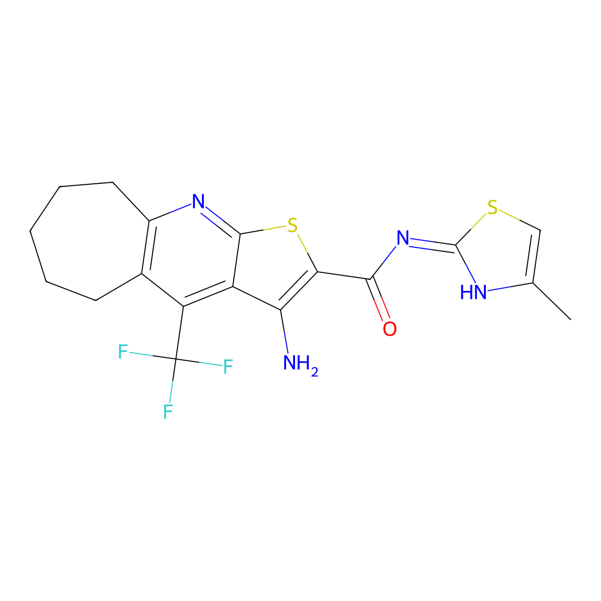 6-amino-N-(4-methyl-1,3-thiazol-2-yl)-8-(trifluoromethyl)-4-thia-2-azatricyclo[7.5.0.0^{3,7}]tetradeca-1(9),2,5,7-tetraene-5-carboxamide molecular structure, CAS 626227-60-9