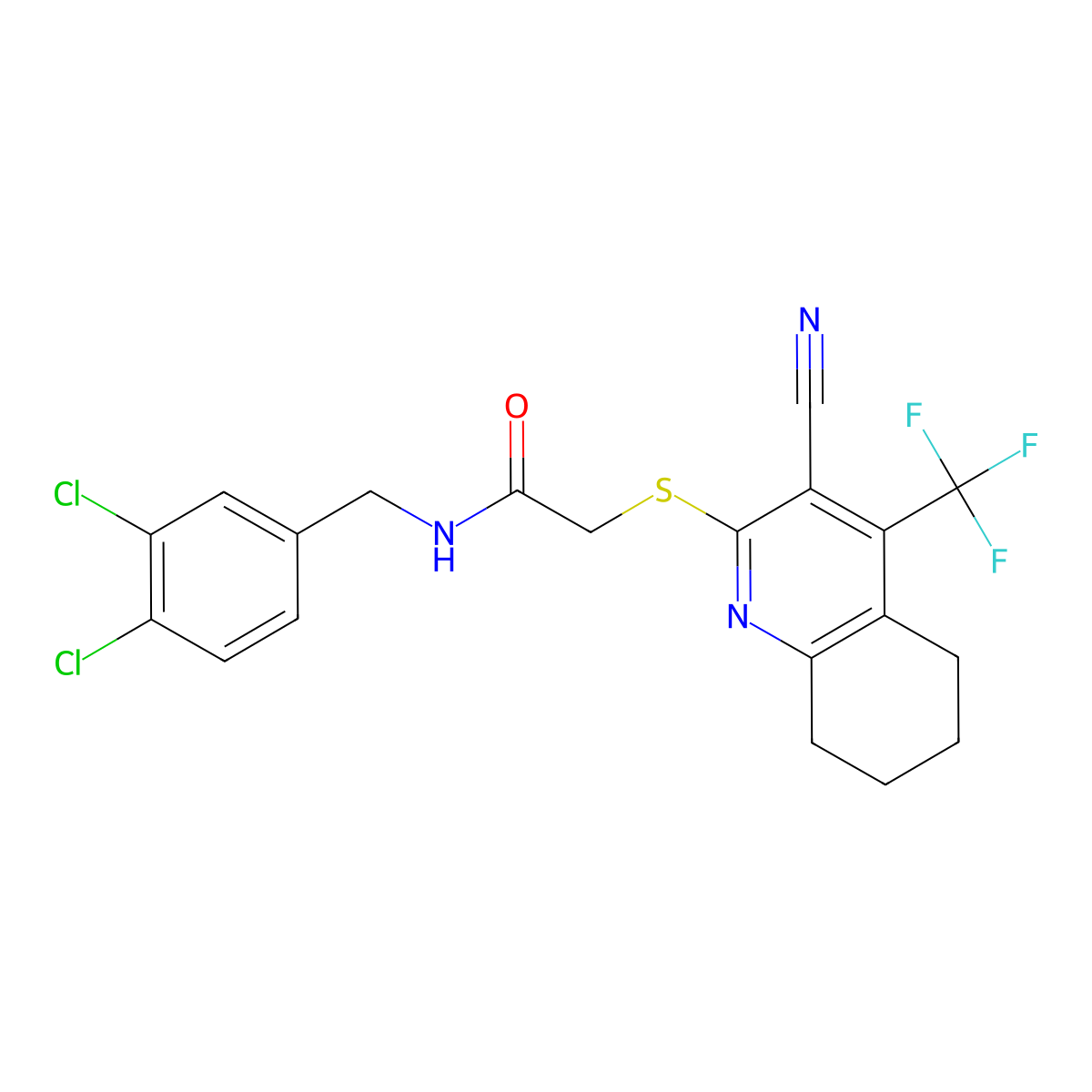 2-[[3-cyano-4-(trifluoromethyl)-5,6,7,8-tetrahydroquinolin-2-yl]sulfanyl]-N-[(3,4-dichlorophenyl)methyl]acetamide molecular structure, CAS 626227-67-6