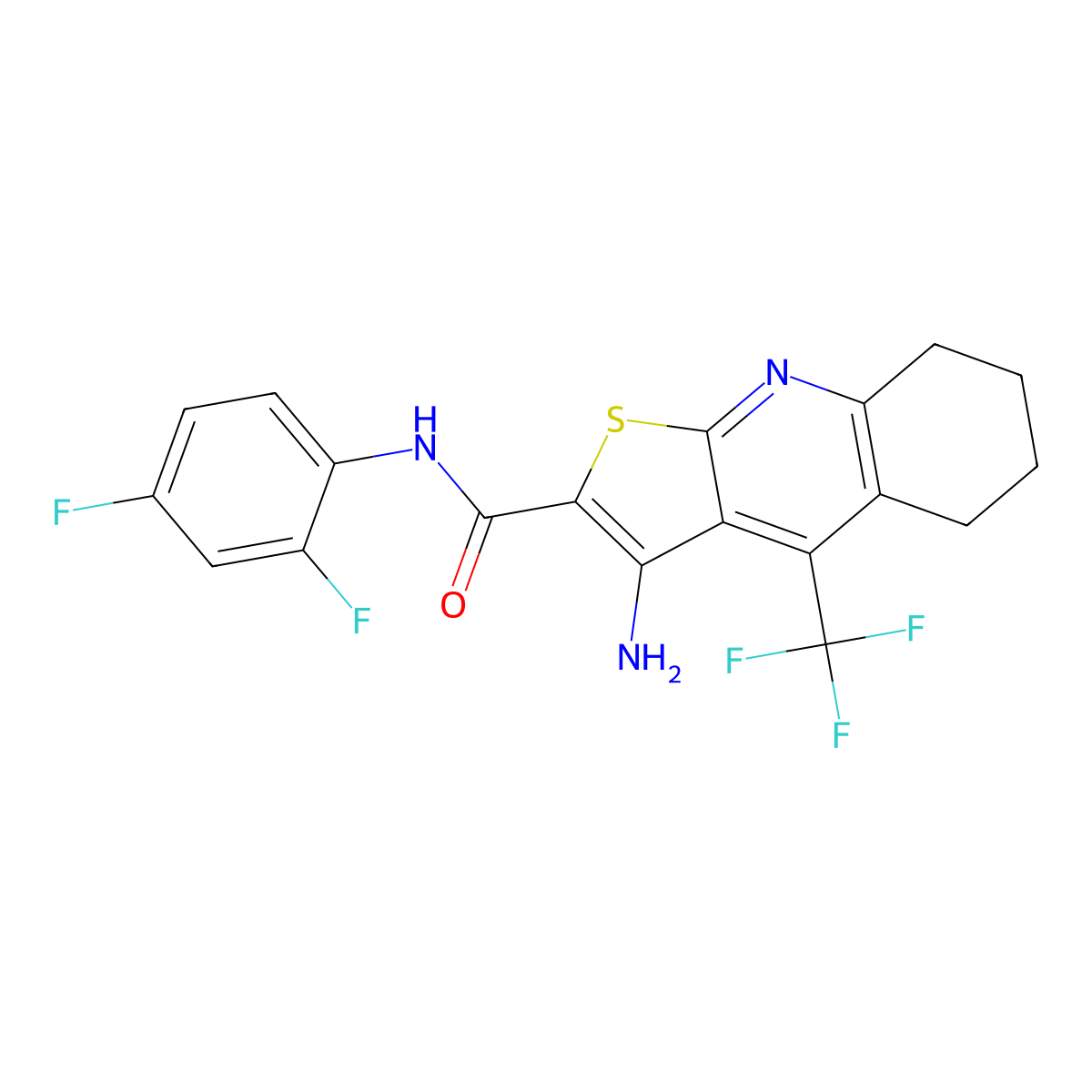 3-amino-N-(2,4-difluorophenyl)-4-(trifluoromethyl)-5,6,7,8-tetrahydrothieno[2,3-b]quinoline-2-carboxamide molecular structure, CAS 626227-71-2