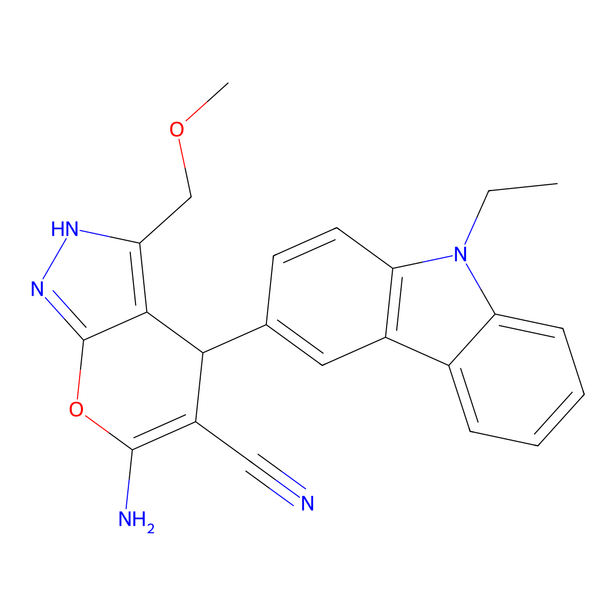 6-amino-4-(9-ethyl-9H-carbazol-3-yl)-3-(methoxymethyl)-2,4-dihydropyrano[2,3-c]pyrazole-5-carbonitrile molecular structure, CAS 626228-01-1
