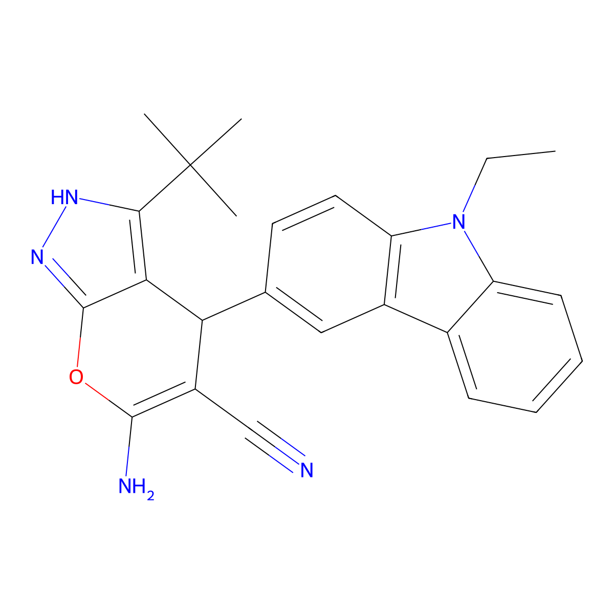 6-amino-3-tert-butyl-4-(9-ethyl-9H-carbazol-3-yl)-2,4-dihydropyrano[2,3-c]pyrazole-5-carbonitrile molecular structure, CAS 626228-03-3