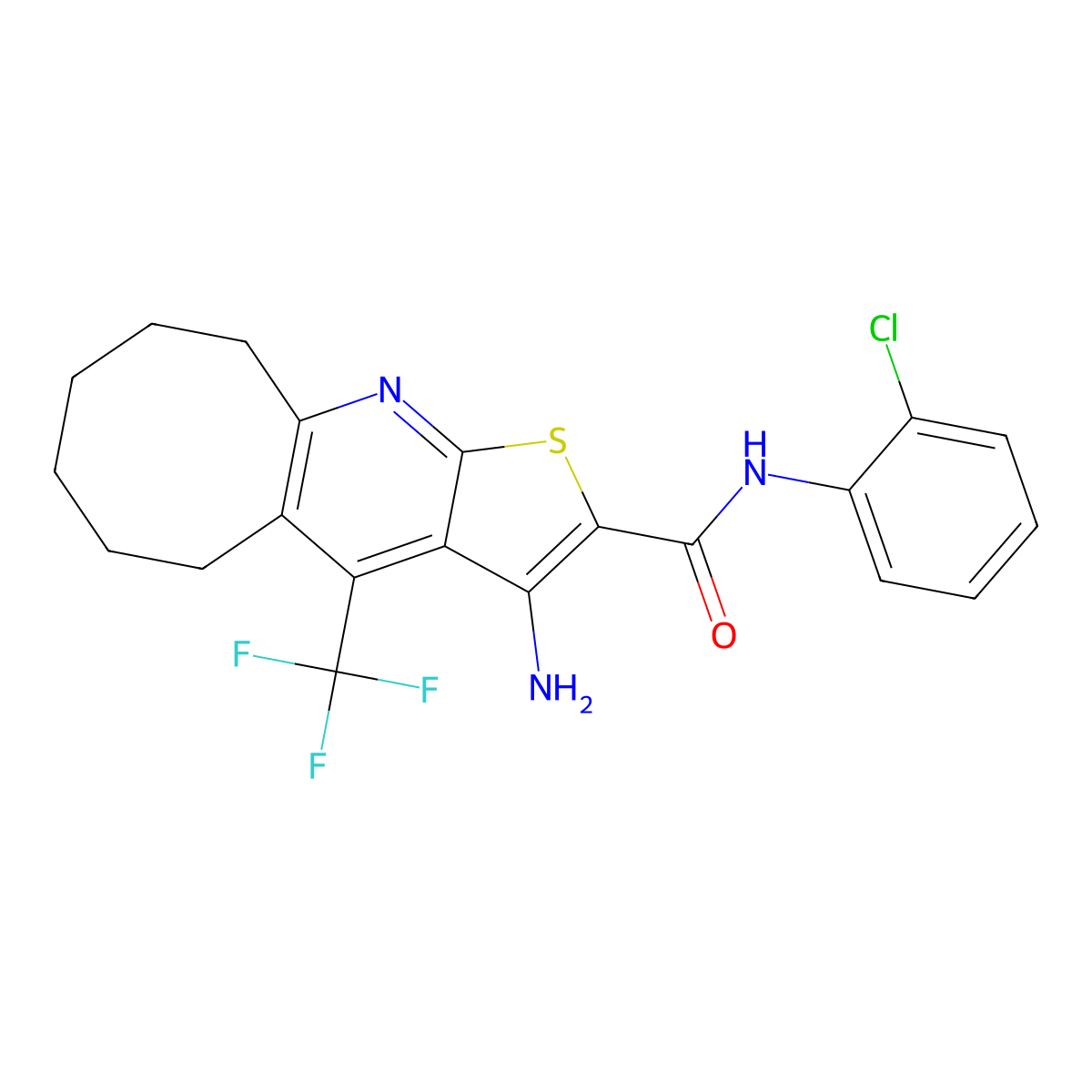 3-amino-N-(2-chlorophenyl)-4-(trifluoromethyl)-5,6,7,8,9,10-hexahydrocycloocta[b]thieno[3,2-e]pyridine-2-carboxamide molecular structure, CAS 626228-06-6