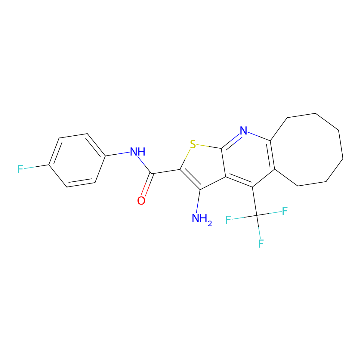 3-amino-N-(4-fluorophenyl)-4-(trifluoromethyl)-5,6,7,8,9,10-hexahydrocycloocta[b]thieno[3,2-e]pyridine-2-carboxamide molecular structure, CAS 626228-08-8