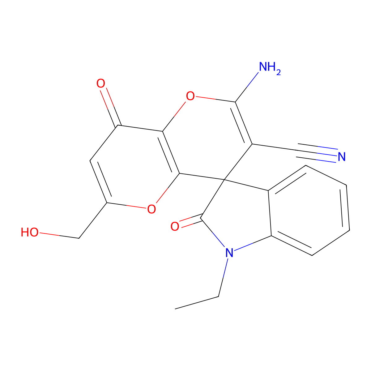 2'-amino-1-ethyl-6'-(hydroxymethyl)-2,8'-dioxo-1,2-dihydro-8'H-spiro[indole-3,4'-pyrano[3,2-b]pyran]-3'-carbonitrile molecular structure, CAS 626228-61-3