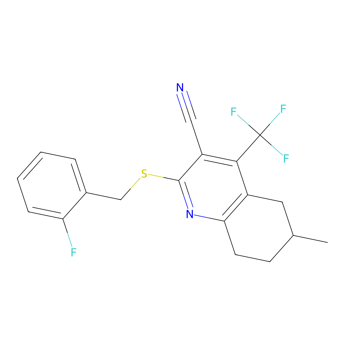 2-[(2-Fluorobenzyl)sulfanyl]-6-methyl-4-(trifluoromethyl)-5,6,7,8-tetrahydro-3-quinolinecarbonitrile molecular structure, CAS 626228-62-4