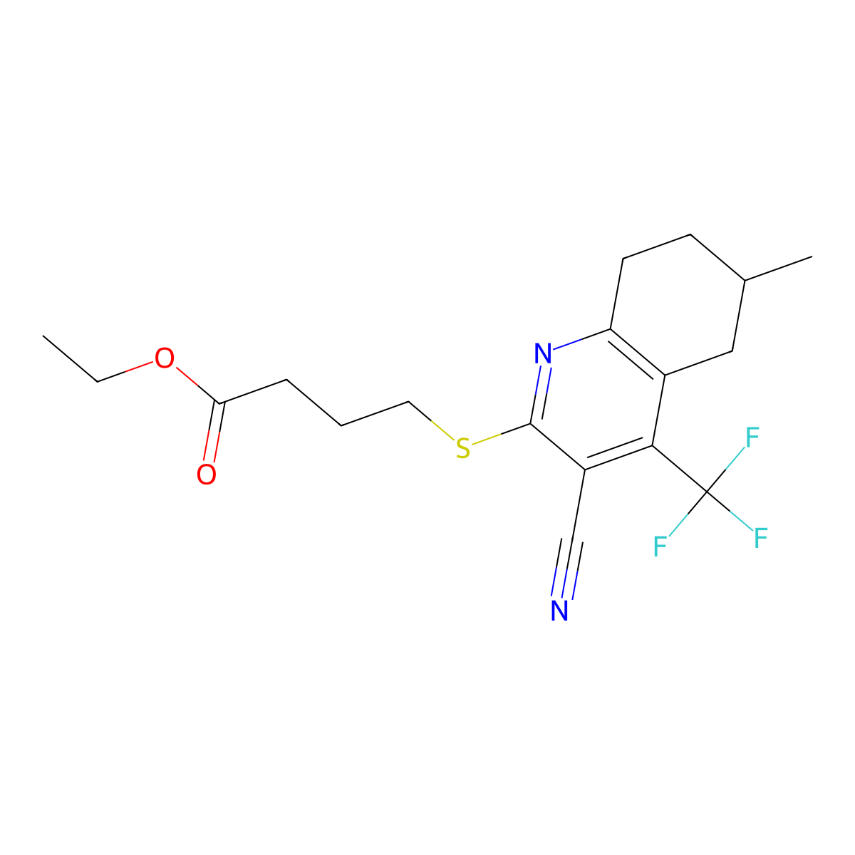 Ethyl 4-{[3-cyano-6-methyl-4-(trifluoromethyl)-5,6,7,8-tetrahydroquinolin-2-yl]sulfanyl}butanoate molecular structure, CAS 626228-63-5