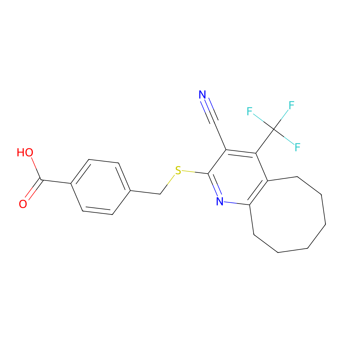 4-[[3-Cyano-4-(trifluoromethyl)-5,6,7,8,9,10-hexahydrocycloocta[b]pyridin-2-yl]sulfanylmethyl]benzoic acid molecular structure, CAS 626228-64-6