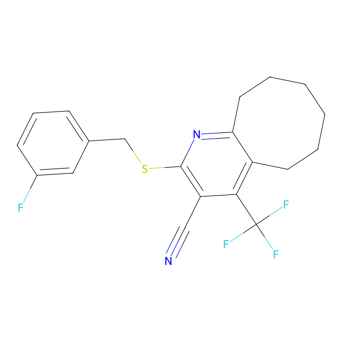 2-[(3-Fluorobenzyl)sulfanyl]-4-(trifluoromethyl)-5,6,7,8,9,10-hexahydrocycloocta[b]pyridine-3-carbonitrile molecular structure, CAS 626228-65-7