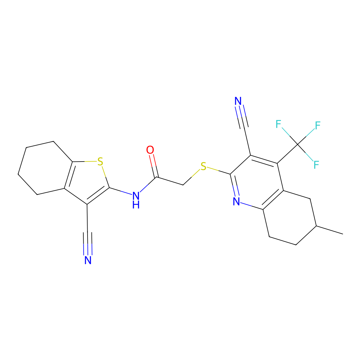2-[[3-cyano-6-methyl-4-(trifluoromethyl)-5,6,7,8-tetrahydroquinolin-2-yl]sulfanyl]-N-(3-cyano-4,5,6,7-tetrahydro-1-benzothiophen-2-yl)acetamide molecular structure, CAS 626228-69-1