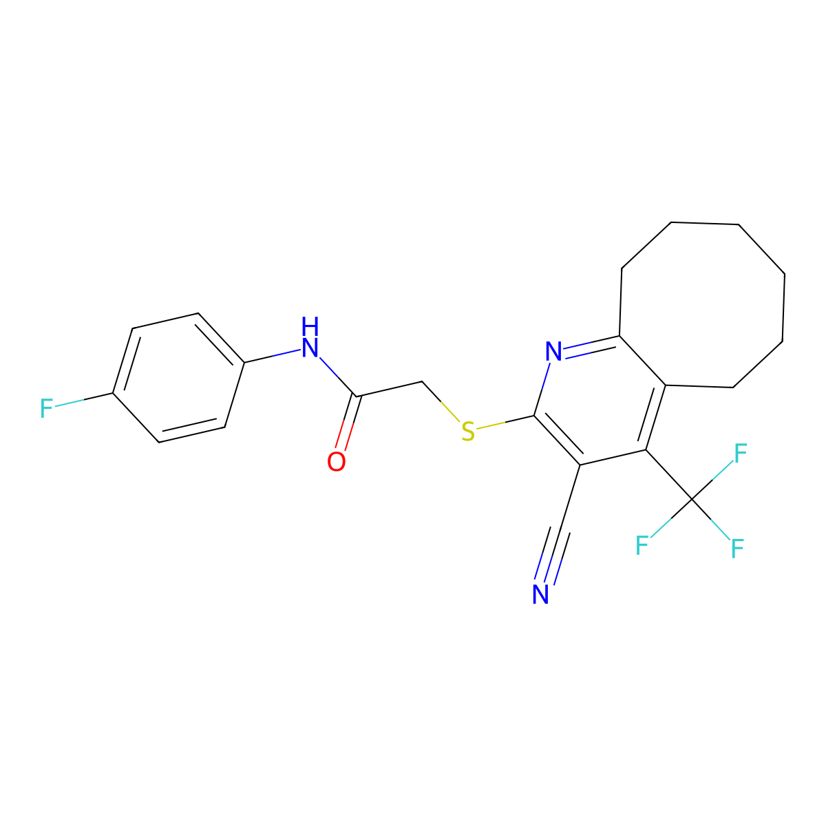 2-[[3-cyano-4-(trifluoromethyl)-5,6,7,8,9,10-hexahydrocycloocta[b]pyridin-2-yl]sulfanyl]-N-(4-fluorophenyl)acetamide molecular structure, CAS 626228-71-5
