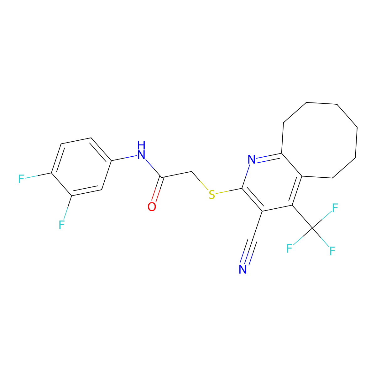 2-[[3-cyano-4-(trifluoromethyl)-5,6,7,8,9,10-hexahydrocycloocta[b]pyridin-2-yl]sulfanyl]-N-(3,4-difluorophenyl)acetamide molecular structure, CAS 626228-75-9