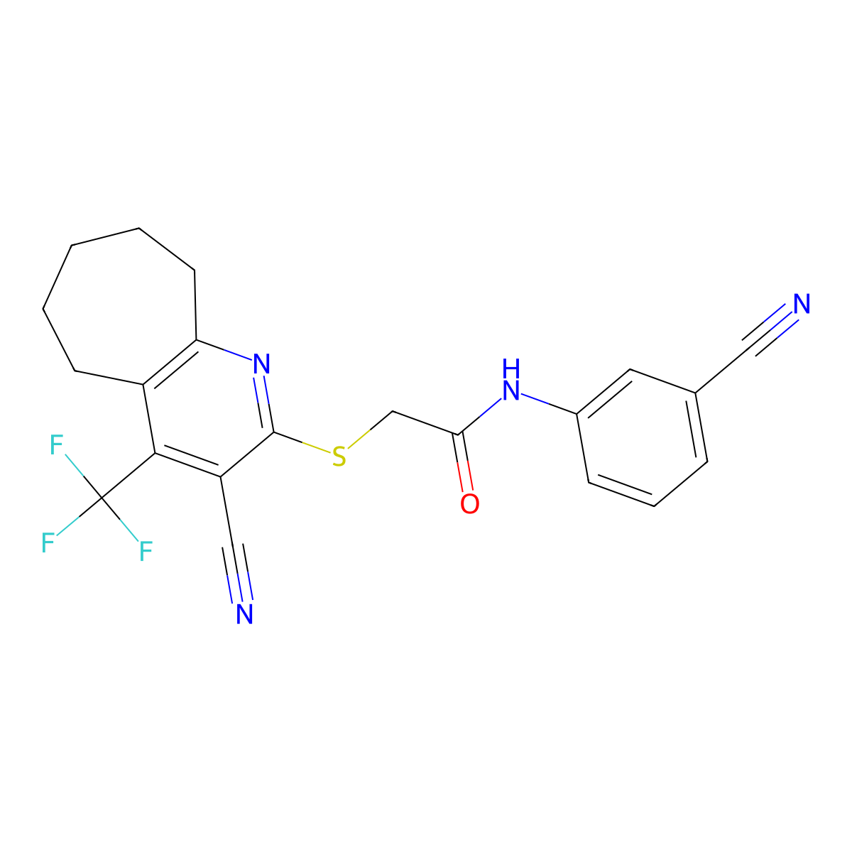 N-(3-cyanophenyl)-2-[[3-cyano-4-(trifluoromethyl)-6,7,8,9-tetrahydro-5H-cyclohepta[b]pyridin-2-yl]sulfanyl]acetamide molecular structure, CAS 626228-76-0