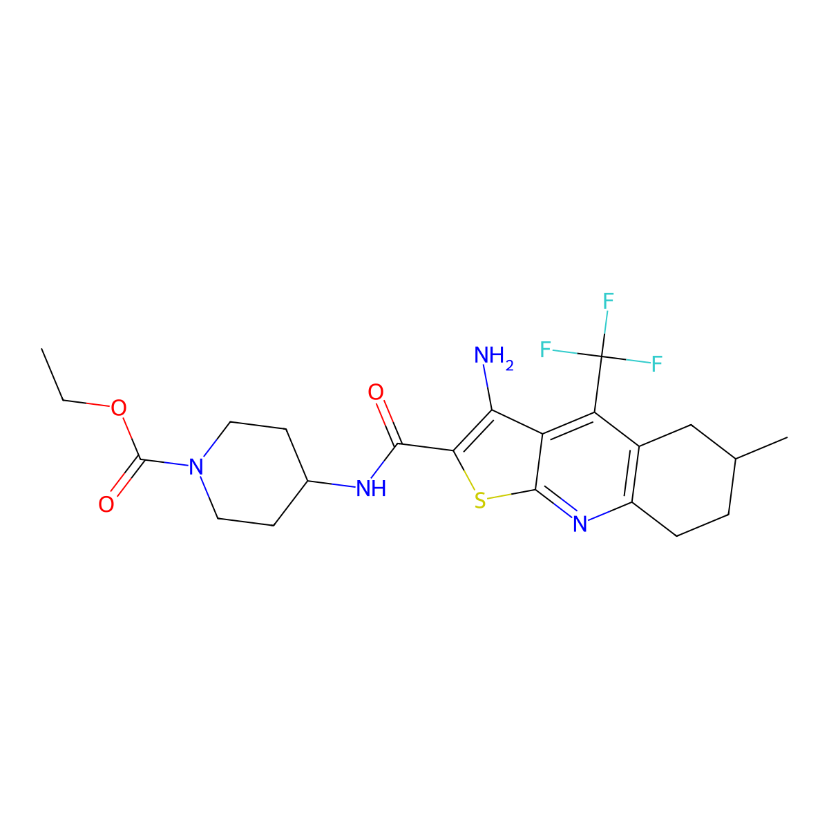 Ethyl 4-[[3-amino-6-methyl-4-(trifluoromethyl)-5,6,7,8-tetrahydrothieno[2,3-b]quinoline-2-carbonyl]amino]piperidine-1-carboxylate molecular structure, CAS 626228-77-1