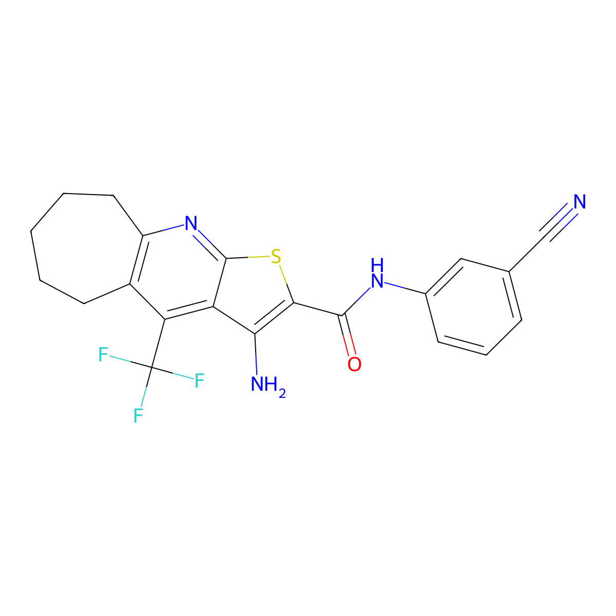 3-amino-N-(3-cyanophenyl)-4-(trifluoromethyl)-6,7,8,9-tetrahydro-5H-cyclohepta[b]thieno[3,2-e]pyridine-2-carboxamide molecular structure, CAS 626228-78-2