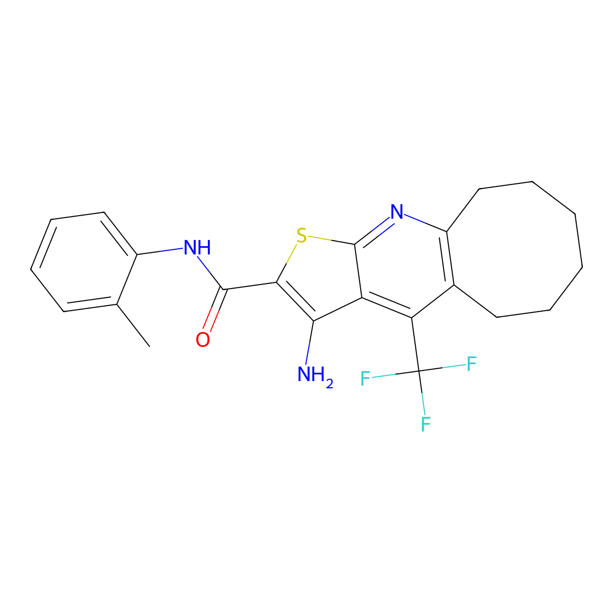 3-amino-N-(2-methylphenyl)-4-(trifluoromethyl)-5,6,7,8,9,10-hexahydrocycloocta[b]thieno[3,2-e]pyridine-2-carboxamide molecular structure, CAS 626228-79-3