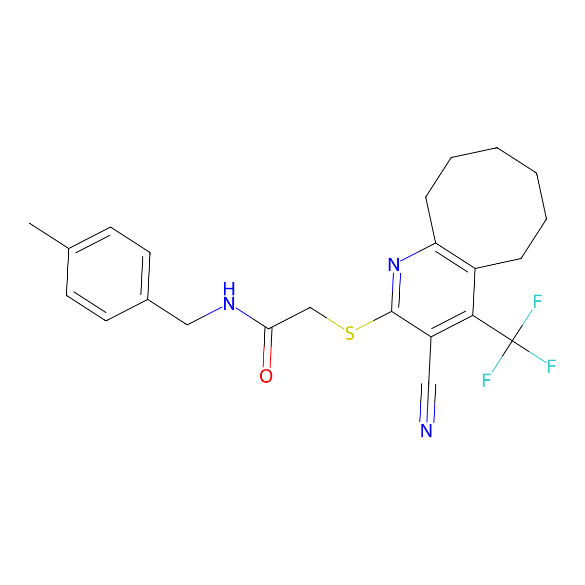 2-[[3-cyano-4-(trifluoromethyl)-5,6,7,8,9,10-hexahydrocycloocta[b]pyridin-2-yl]sulfanyl]-N-[(4-methylphenyl)methyl]acetamide molecular structure, CAS 626228-81-7
