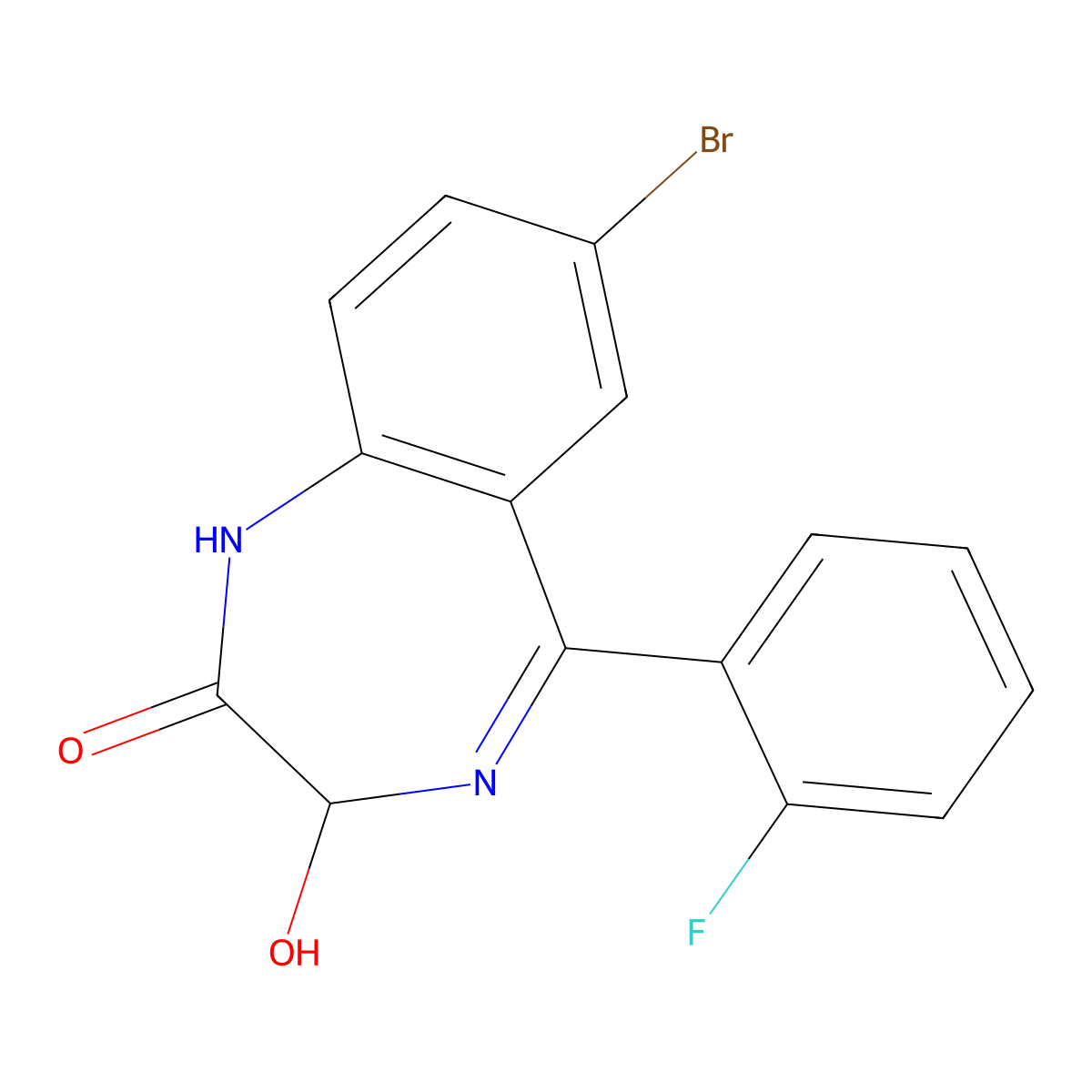7-bromo-5-(2-fluorophenyl)-1,3-dihydro-3-hydroxy-2H-1,4-benzodiazepin-2-one molecular structure, CAS 62659-65-8