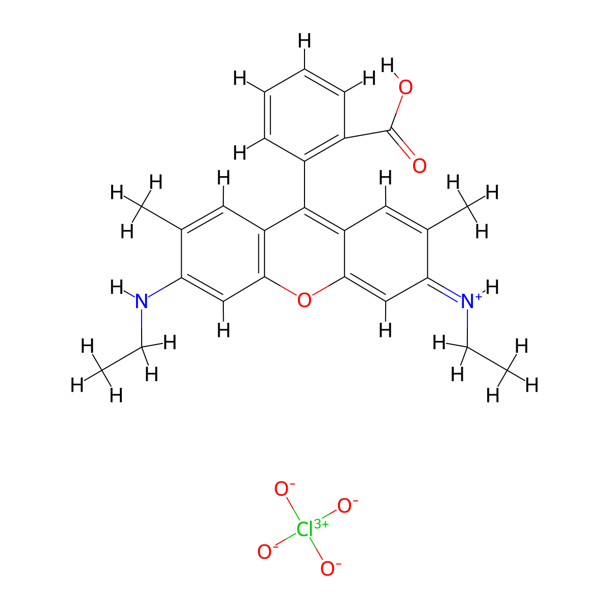 Xanthylium, 9-(2-carboxyphenyl)-3,6-bis(ethylamino)-2,7-dimethyl-, perchlorate (1:1) molecular structure, CAS 62669-66-3